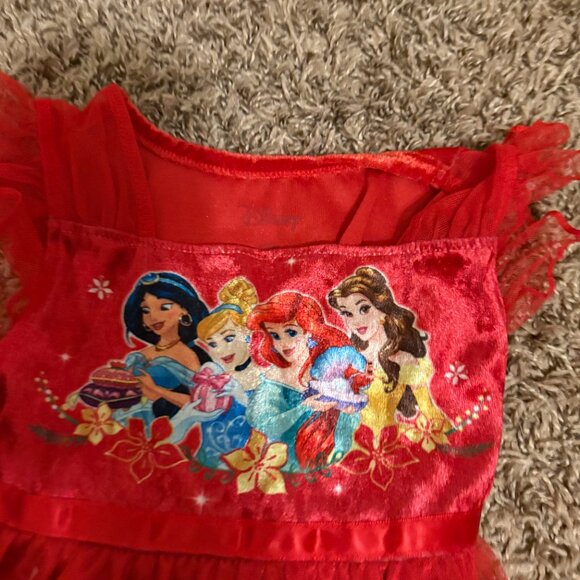 Disney Princess Nightgown 3T Red Christmas Graphic Tulle Skirt Faux Fur Trim - Picture 2 of 3